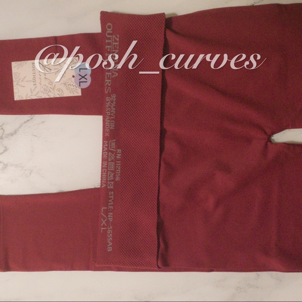 Zenana Seamless High-Waist Tummy Control Leggings: Cabernet Red | Size L/XL NWT. - Picture 6 of 10